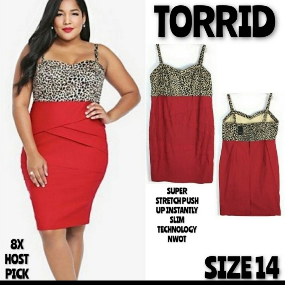 Torrid Dress Bodycon Red Leopard Size 14 NWOT